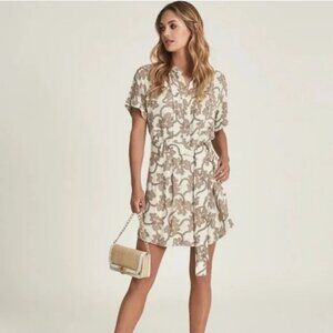 Reiss Ivory Nico Printed Mini Shirt Dress Size 8 Neutral Pockets Short 10
